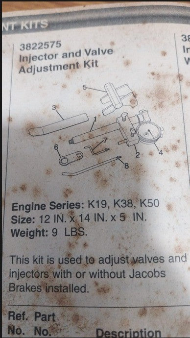 CUMMINS INJECTOR ADJUSTMENT KIT for KT SERIES; PART NUMBER: 3822575